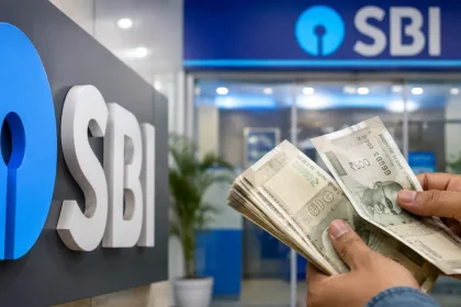 SBI कैश विड्रॉल नियम में बदलाव दर्शाती एसबीआई बैंक ब्रांच की तस्वीर