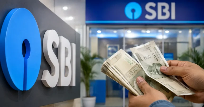SBI कैश विड्रॉल नियम में बदलाव दर्शाती एसबीआई बैंक ब्रांच की तस्वीर