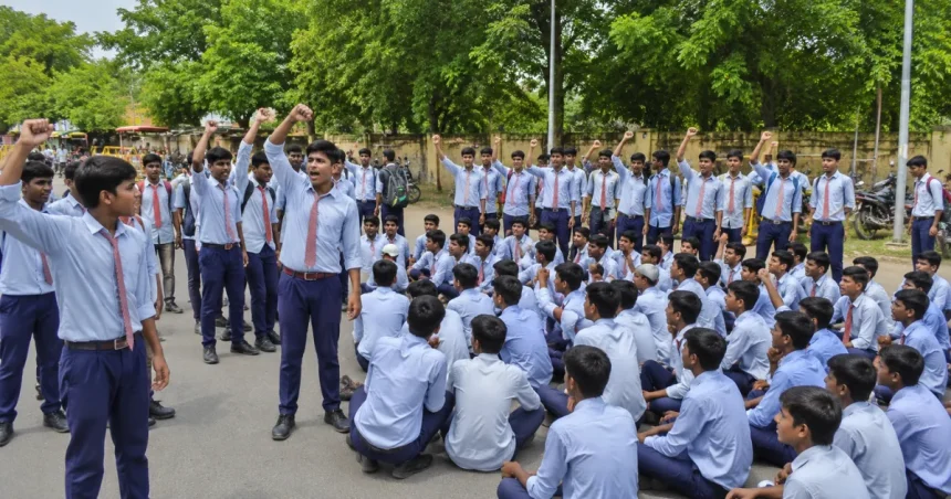 यूपी सर्वोदय विद्यालय शिक्षक कमी के खिलाफ सड़क पर प्रदर्शन करते छात्र