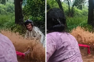 हिमाचल के चंबा में तेज बहाव में फंसे बाइक सवार को दुपट्टा देकर बचाती महिला