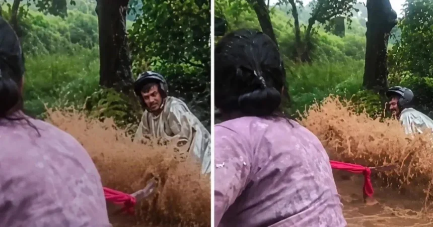 हिमाचल के चंबा में तेज बहाव में फंसे बाइक सवार को दुपट्टा देकर बचाती महिला