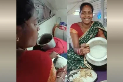ट्रेन में खाना परोसने का वीडियो वायरल दिखाती तस्वीर